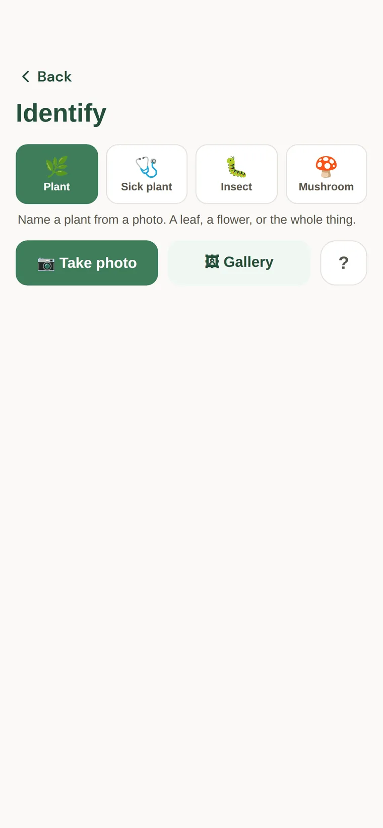Identify: Plant, Sick plant, Insect and Mushroom modes with Take photo and Gallery buttons.